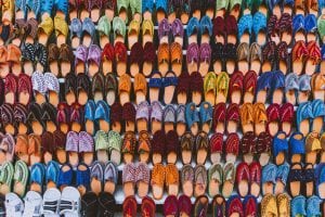 Colorful shoes lined up in a nice pattern