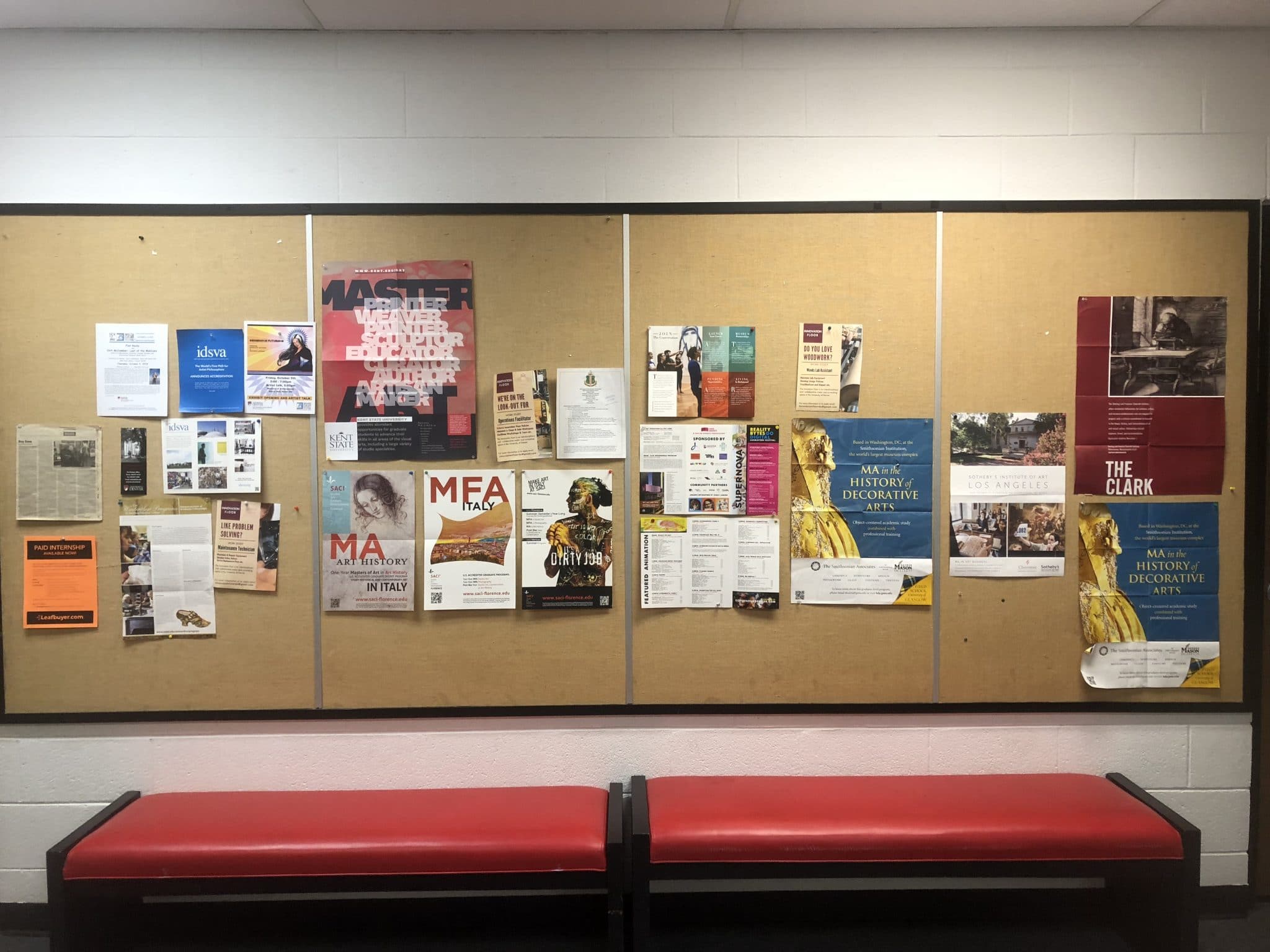 Bulletin board of fliers for art students in the lobby of the DU school of art. 