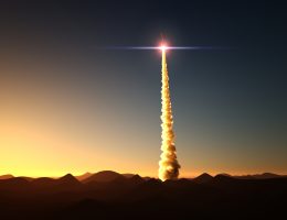 rocket start from desert into space 3d illustration