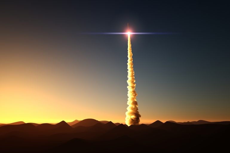 rocket start from desert into space 3d illustration