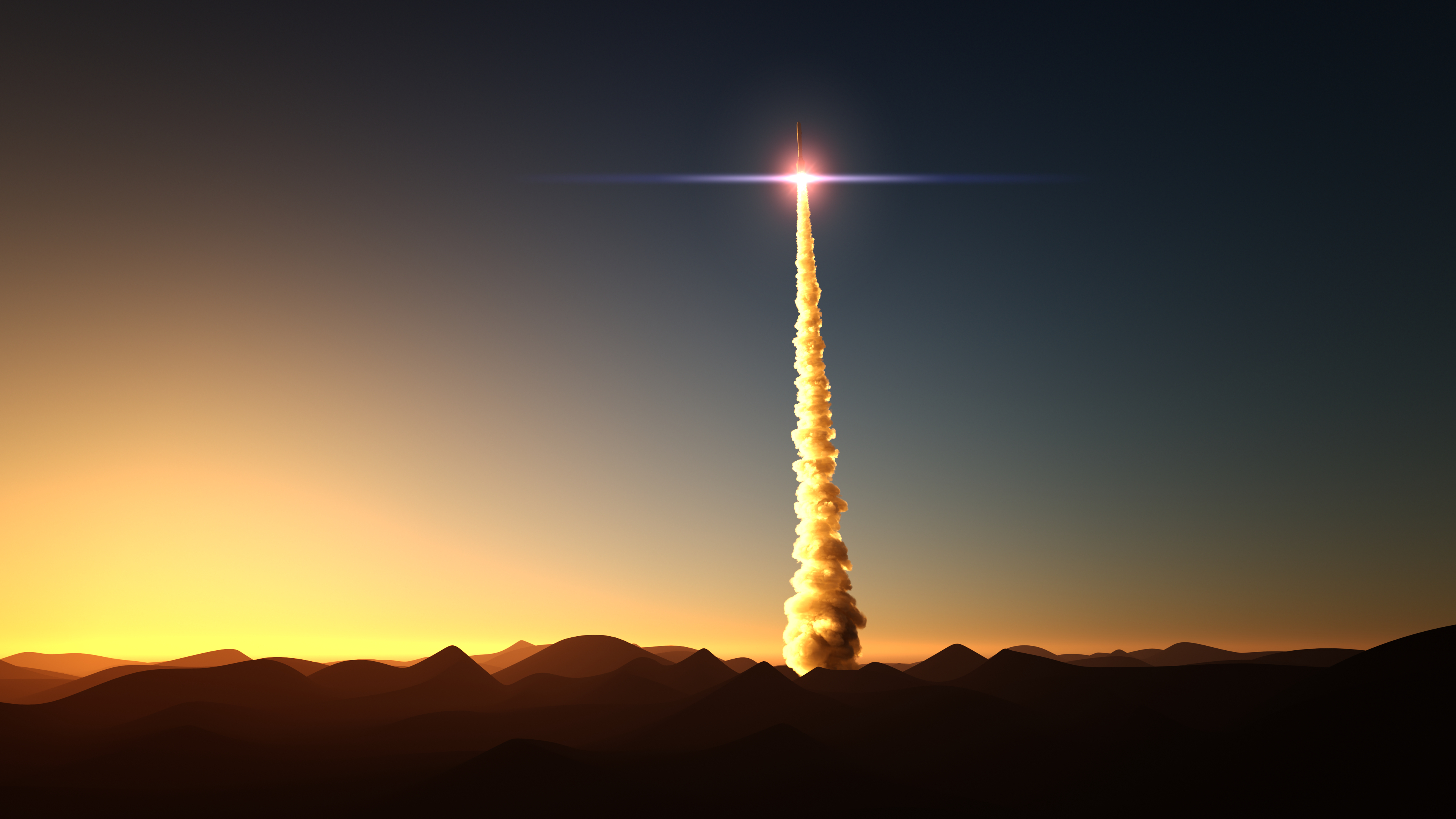 rocket start from desert into space 3d illustration