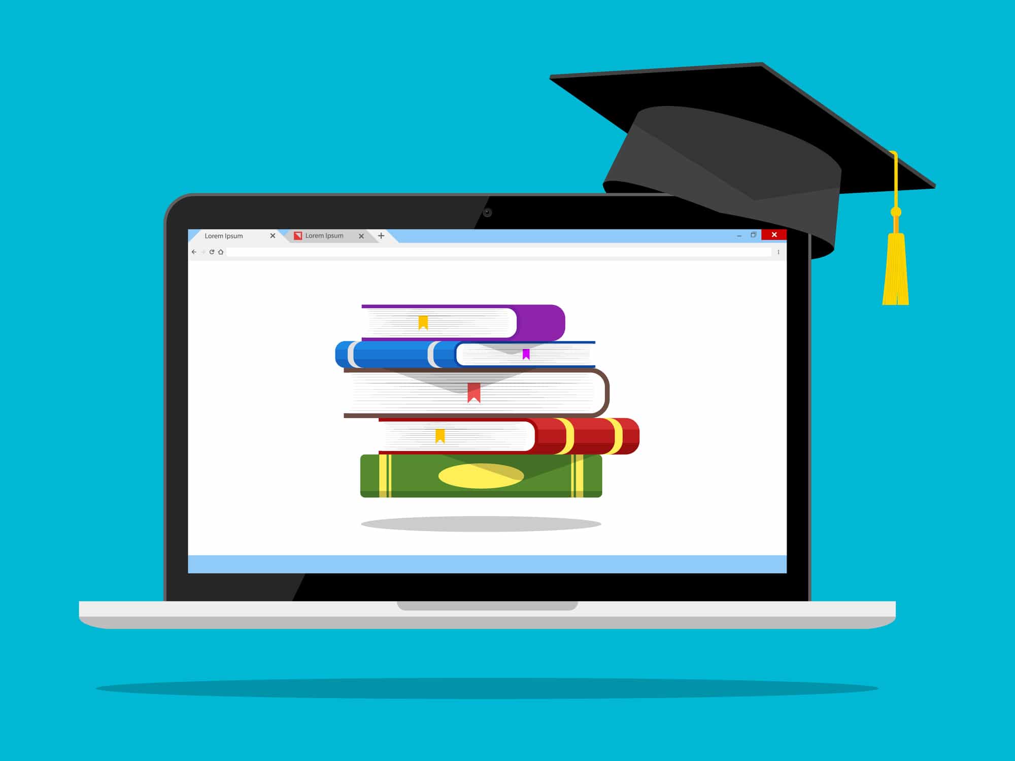 illustration of computer showing an online class with books and mortar board