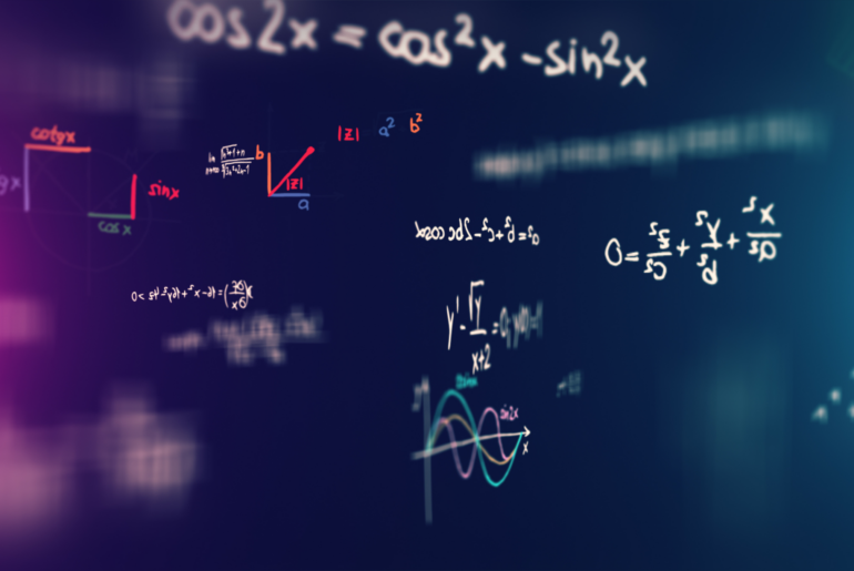 A translucent whiteboard with GED Math Test formulas and practice scribbled on it.