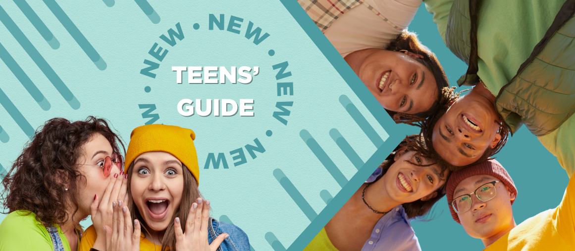 Students excited at the announcement of teens' guide college and career planning. Text says "New Teens' Guide. Now Live"