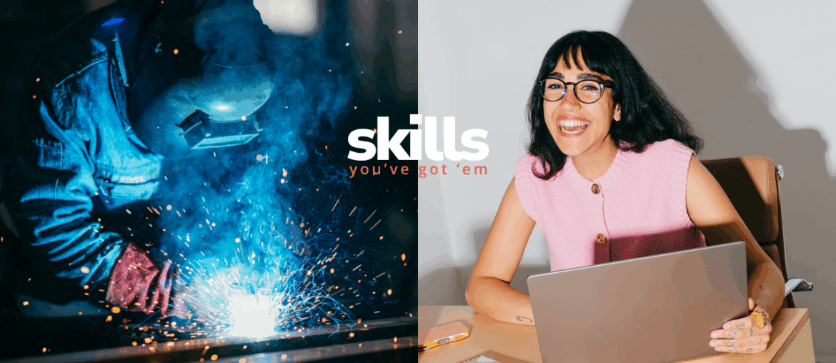 Demonstrating how study skills may translate to career hard and soft skills with a welder and a happy female-presenting human with a laptop studying