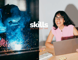 Demonstrating how study skills may translate to career hard and soft skills with a welder and a happy female-presenting human with a laptop studying