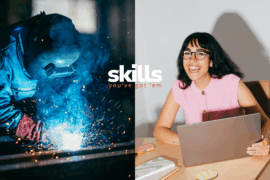 Demonstrating how study skills may translate to career hard and soft skills with a welder and a happy female-presenting human with a laptop studying