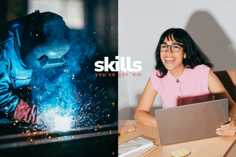 Demonstrating how study skills may translate to career hard and soft skills with a welder and a happy female-presenting human with a laptop studying