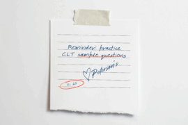 Handwritten note that states: "Reminder: practice CLT sample questions," with a heart and signed by Peterson.