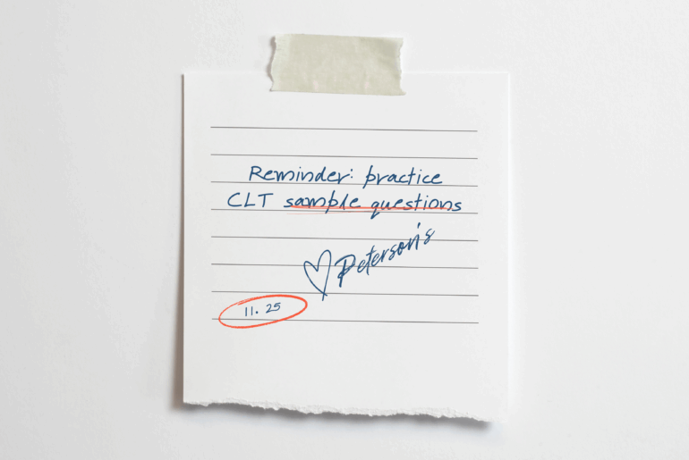 Handwritten note that states: "Reminder: practice CLT sample questions," with a heart and signed by Peterson.