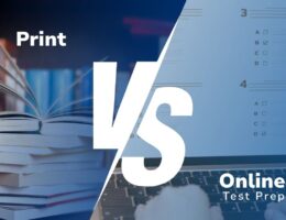 Print vs. online test prep courses with textbooks on one side and computer on the other