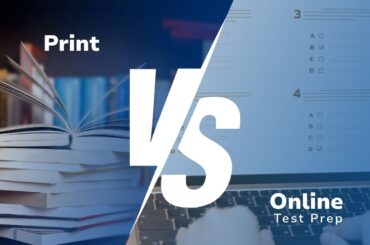 Print vs. online test prep courses with textbooks on one side and computer on the other