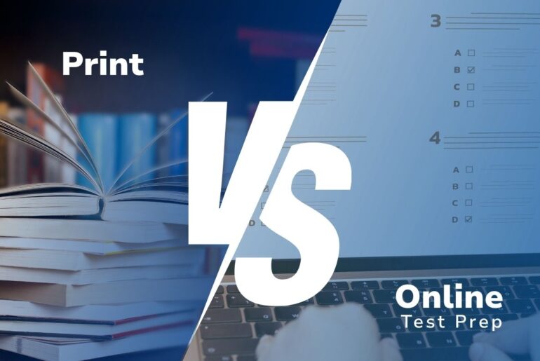 Print vs. online test prep courses with textbooks on one side and computer on the other